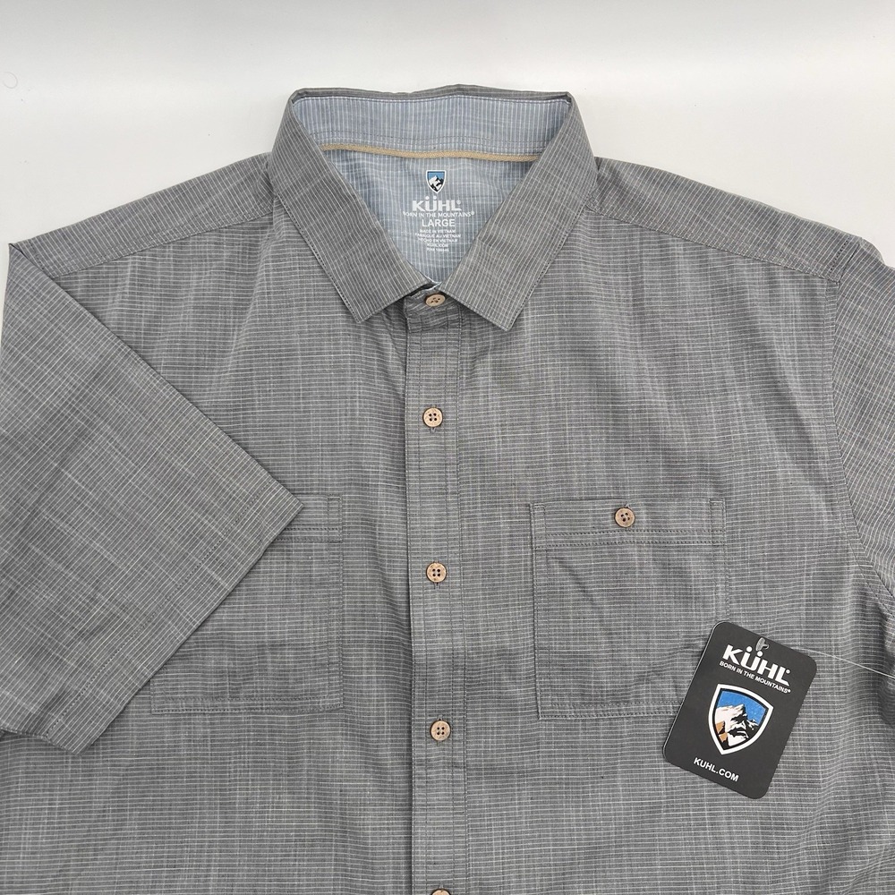 Kuhl Karib Stripe Shirt Mens Large Grey Short Sleeve Button Up New With Tags